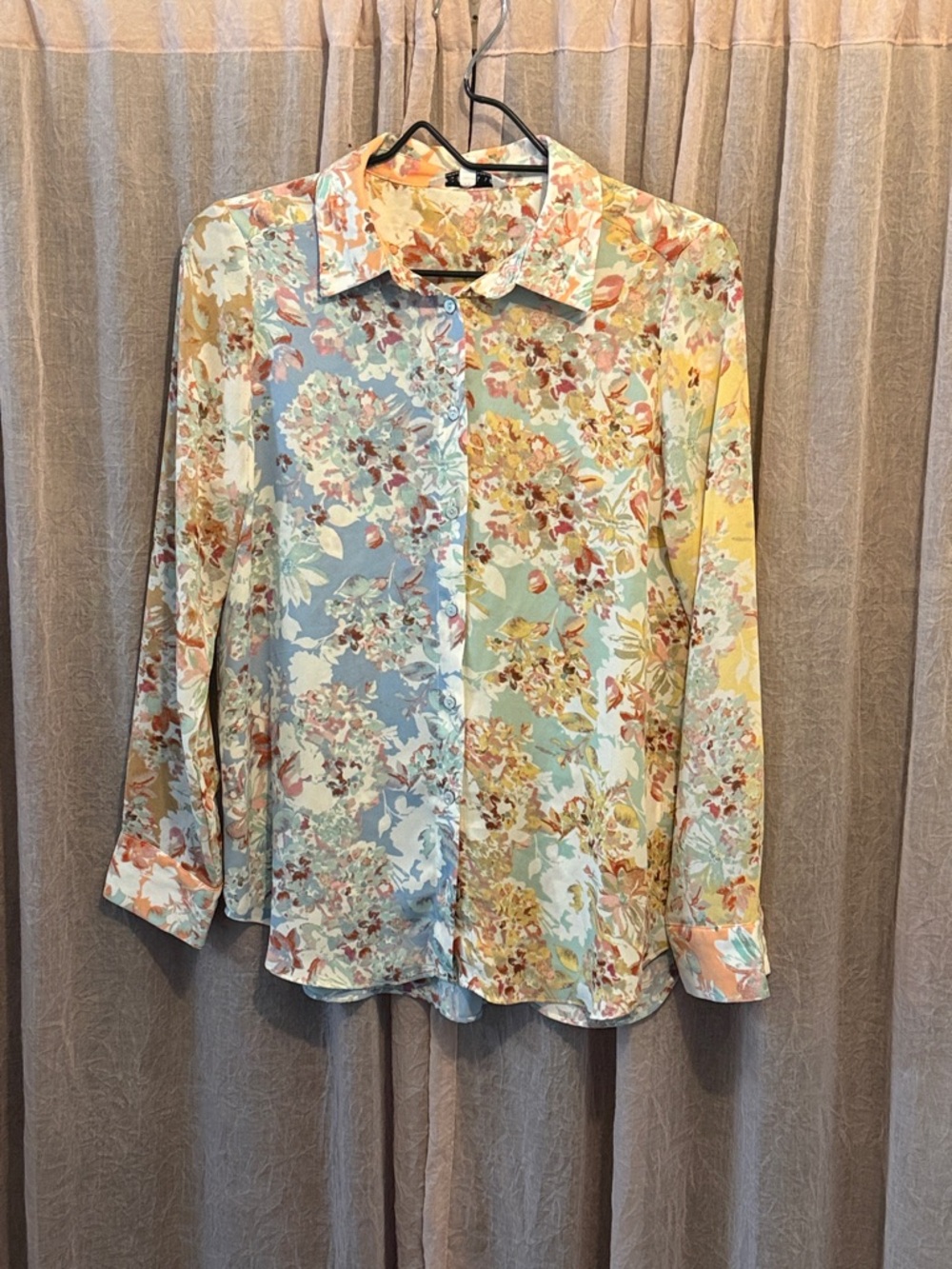 Rose & Olive Pastel Floral Button-Up Blouse in Blue, Yellow, Cream